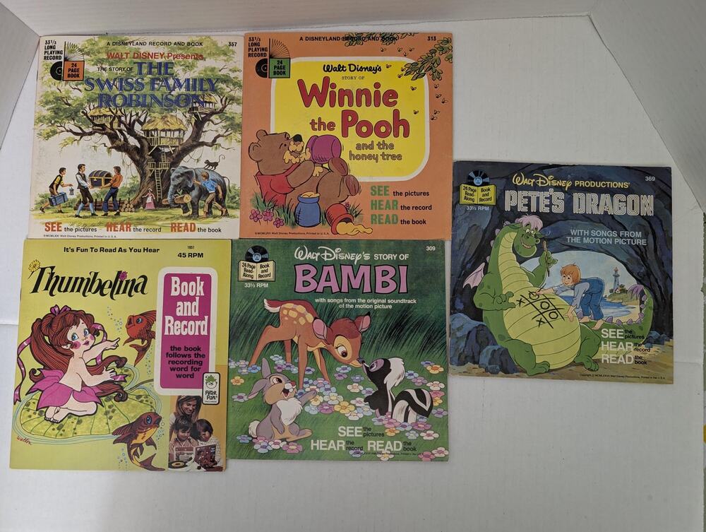 Lot of 5 Vintage Disney Read Along Book and Record Sets